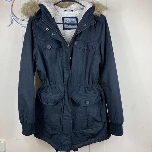Levi's Jackets & Blazers - Levis Black Jacket Hood Faux Fur Trim Women Size Medium